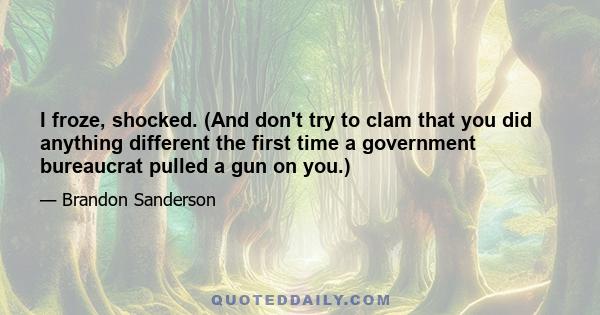 I froze, shocked. (And don't try to clam that you did anything different the first time a government bureaucrat pulled a gun on you.)