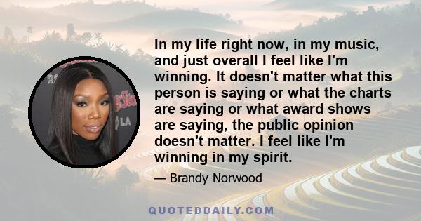 In my life right now, in my music, and just overall I feel like I'm winning. It doesn't matter what this person is saying or what the charts are saying or what award shows are saying, the public opinion doesn't matter.