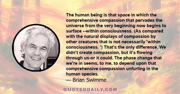 The human being is that space in which the comprehensive compassion that pervades the universe from the very beginning now begins to surface --within consciousness. (As compared with the natural displays of compassion