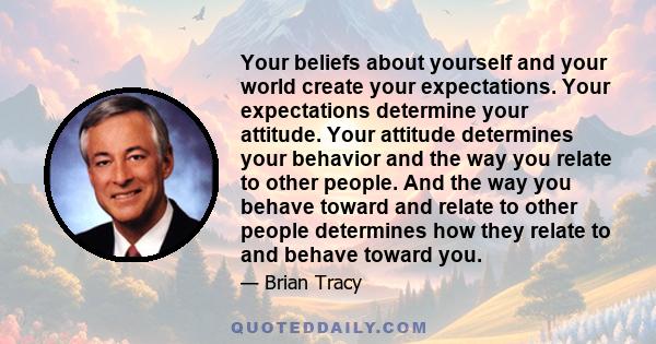 Your beliefs about yourself and your world create your expectations. Your expectations determine your attitude. Your attitude determines your behavior and the way you relate to other people. And the way you behave