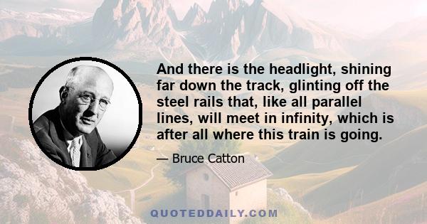 And there is the headlight, shining far down the track, glinting off the steel rails that, like all parallel lines, will meet in infinity, which is after all where this train is going.