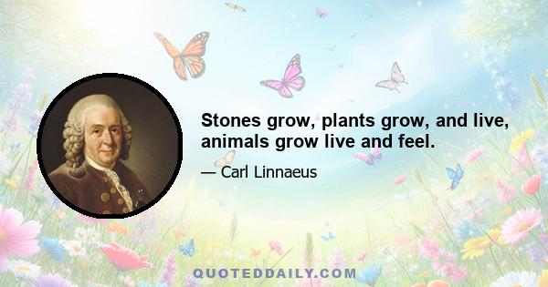 Stones grow, plants grow, and live, animals grow live and feel.