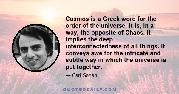 Cosmos is a Greek word for the order of the universe. It is, in a way, the opposite of Chaos. It implies the deep interconnectedness of all things. It conveys awe for the intricate and subtle way in which the universe