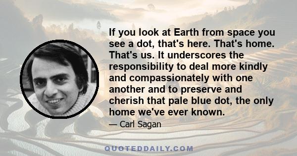 If you look at Earth from space you see a dot, that's here. That's home. That's us. It underscores the responsibility to deal more kindly and compassionately with one another and to preserve and cherish that pale blue