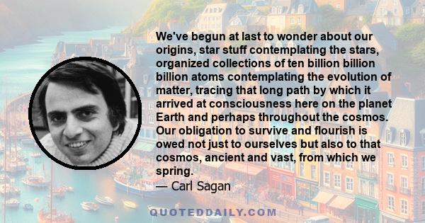 We've begun at last to wonder about our origins, star stuff contemplating the stars, organized collections of ten billion billion billion atoms contemplating the evolution of matter, tracing that long path by which it