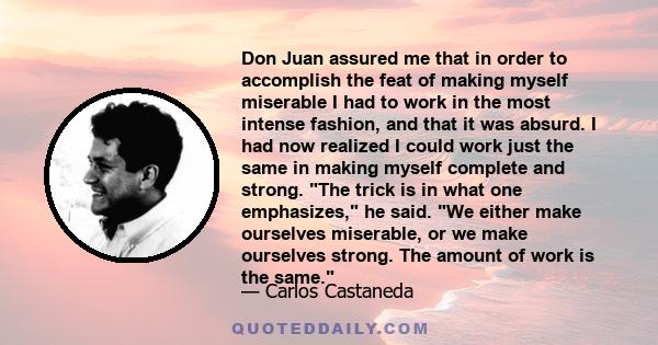 Don Juan assured me that in order to accomplish the feat of making myself miserable I had to work in the most intense fashion, and that it was absurd. I had now realized I could work just the same in making myself