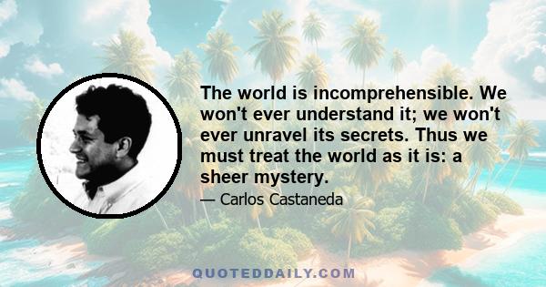 The world is incomprehensible. We won't ever understand it; we won't ever unravel its secrets. Thus we must treat the world as it is: a sheer mystery.