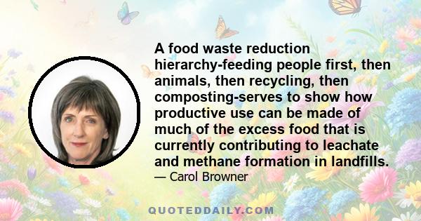 A food waste reduction hierarchy-feeding people first, then animals, then recycling, then composting-serves to show how productive use can be made of much of the excess food that is currently contributing to leachate