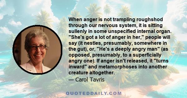 When anger is not trampling roughshod through our nervous system, it is sitting sullenly in some unspecified internal organ. She's got a lot of anger in her, people will say (it nestles, presumably, somewhere in the