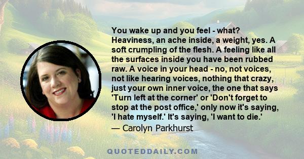 You wake up and you feel - what? Heaviness, an ache inside, a weight, yes. A soft crumpling of the flesh. A feeling like all the surfaces inside you have been rubbed raw. A voice in your head - no, not voices, not like