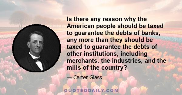 Is there any reason why the American people should be taxed to guarantee the debts of banks, any more than they should be taxed to guarantee the debts of other institutions, including merchants, the industries, and the