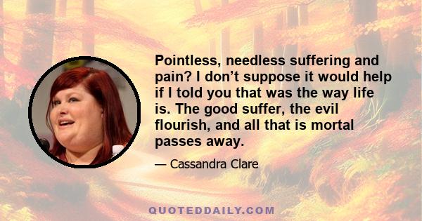 Pointless, needless suffering and pain? I don’t suppose it would help if I told you that was the way life is. The good suffer, the evil flourish, and all that is mortal passes away.