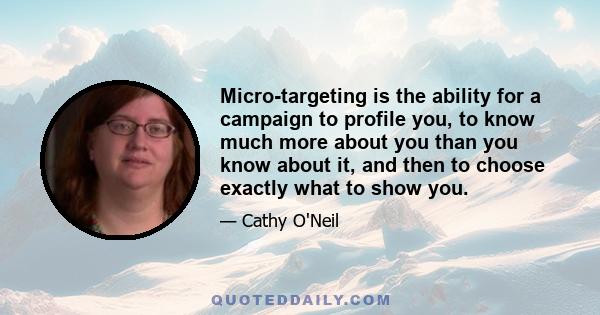 Micro-targeting is the ability for a campaign to profile you, to know much more about you than you know about it, and then to choose exactly what to show you.