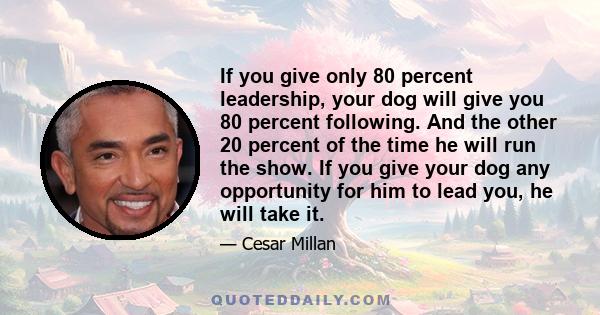 If you give only 80 percent leadership, your dog will give you 80 percent following. And the other 20 percent of the time he will run the show. If you give your dog any opportunity for him to lead you, he will take it.