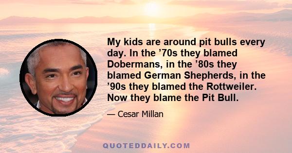 My kids are around pit bulls every day. In the ’70s they blamed Dobermans, in the ’80s they blamed German Shepherds, in the ’90s they blamed the Rottweiler. Now they blame the Pit Bull.