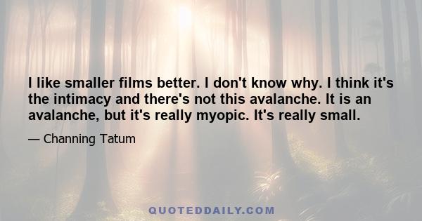 I like smaller films better. I don't know why. I think it's the intimacy and there's not this avalanche. It is an avalanche, but it's really myopic. It's really small.