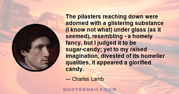 The pilasters reaching down were adorned with a glistering substance (I know not what) under glass (as it seemed), resembling - a homely fancy, but I judged it to be sugar-candy; yet to my raised imagination, divested