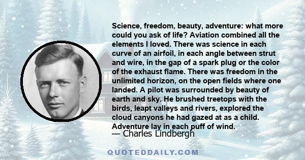 Science, freedom, beauty, adventure: what more could you ask of life? Aviation combined all the elements I loved. There was science in each curve of an airfoil, in each angle between strut and wire, in the gap of a