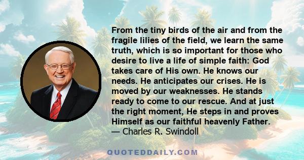 From the tiny birds of the air and from the fragile lilies of the field, we learn the same truth, which is so important for those who desire to live a life of simple faith: God takes care of His own. He knows our needs. 