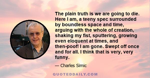 The plain truth is we are going to die. Here I am, a teeny spec surrounded by boundless space and time, arguing with the whole of creation, shaking my fist, sputtering, growing even eloquent at times, and then-poof! I