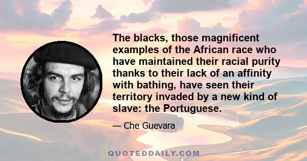 The blacks, those magnificent examples of the African race who have maintained their racial purity thanks to their lack of an affinity with bathing, have seen their territory invaded by a new kind of slave: the