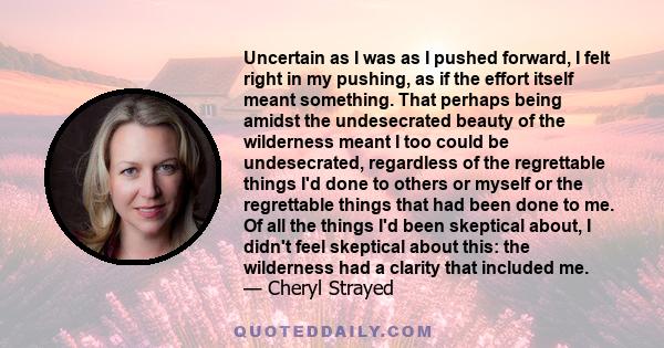 Uncertain as I was as I pushed forward, I felt right in my pushing, as if the effort itself meant something. That perhaps being amidst the undesecrated beauty of the wilderness meant I too could be undesecrated,