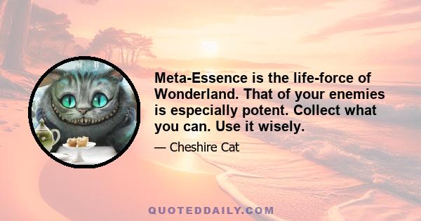 Meta-Essence is the life-force of Wonderland. That of your enemies is especially potent. Collect what you can. Use it wisely.