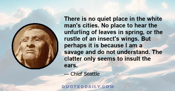 There is no quiet place in the white man's cities. No place to hear the unfurling of leaves in spring, or the rustle of an insect's wings. But perhaps it is because I am a savage and do not understand. The clatter only