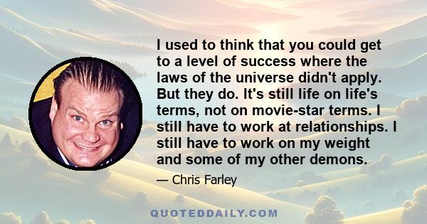 I used to think that you could get to a level of success where the laws of the universe didn't apply. But they do. It's still life on life's terms, not on movie-star terms. I still have to work at relationships. I still 