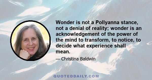 Wonder is not a Pollyanna stance, not a denial of reality; wonder is an acknowledgement of the power of the mind to transform, to notice, to decide what experience shall mean.