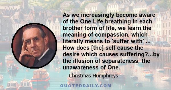 As we increasingly become aware of the One Life breathing in each brother form of life, we learn the meaning of compassion, which literally means to 'suffer with' ... How does [the] self cause the desire which causes