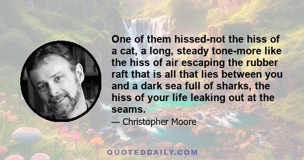 One of them hissed-not the hiss of a cat, a long, steady tone-more like the hiss of air escaping the rubber raft that is all that lies between you and a dark sea full of sharks, the hiss of your life leaking out at the