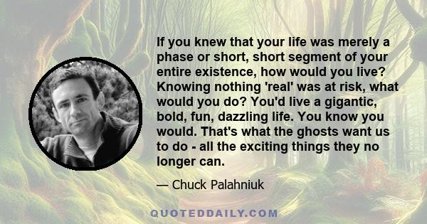 If you knew that your life was merely a phase or short, short segment of your entire existence, how would you live? Knowing nothing 'real' was at risk, what would you do? You'd live a gigantic, bold, fun, dazzling life. 