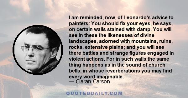 I am reminded, now, of Leonardo's advice to painters: You should fix your eyes, he says, on certain walls stained with damp. You will see in these the likenesses of divine landscapes, adorned with mountains, ruins,