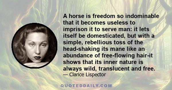 A horse is freedom so indominable that it becomes useless to imprison it to serve man: it lets itself be domesticated, but with a simple, rebellious toss of the head-shaking its mane like an abundance of free-flowing