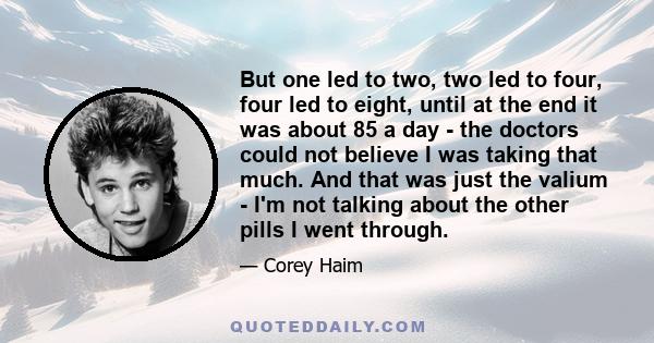 But one led to two, two led to four, four led to eight, until at the end it was about 85 a day - the doctors could not believe I was taking that much. And that was just the valium - I'm not talking about the other pills 