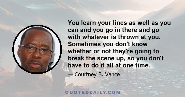 You learn your lines as well as you can and you go in there and go with whatever is thrown at you. Sometimes you don't know whether or not they're going to break the scene up, so you don't have to do it all at one time.