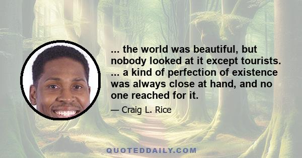 ... the world was beautiful, but nobody looked at it except tourists. ... a kind of perfection of existence was always close at hand, and no one reached for it.