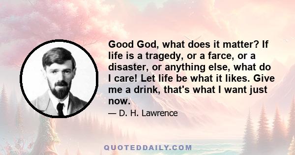 Good God, what does it matter? If life is a tragedy, or a farce, or a disaster, or anything else, what do I care! Let life be what it likes. Give me a drink, that's what I want just now.