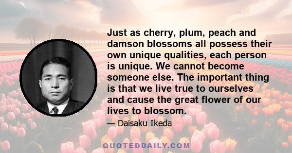 Just as cherry, plum, peach and damson blossoms all possess their own unique qualities, each person is unique. We cannot become someone else. The important thing is that we live true to ourselves and cause the great