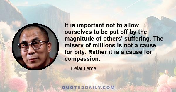 It is important not to allow ourselves to be put off by the magnitude of others' suffering. The misery of millions is not a cause for pity. Rather it is a cause for compassion.