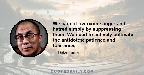 We cannot overcome anger and hatred simply by suppressing them. We need to actively cultivate the antidotes: patience and tolerance.