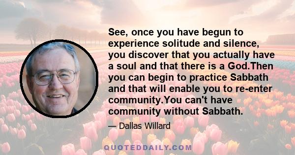 See, once you have begun to experience solitude and silence, you discover that you actually have a soul and that there is a God.Then you can begin to practice Sabbath and that will enable you to re-enter community.You