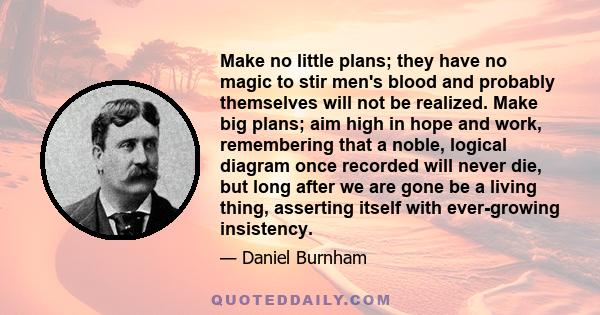 Make no little plans; they have no magic to stir men's blood and probably themselves will not be realized. Make big plans; aim high in hope and work, remembering that a noble, logical diagram once recorded will never