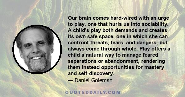 Our brain comes hard-wired with an urge to play, one that hurls us into sociability. A child's play both demands and creates its own safe space, one in which she can confront threats, fears, and dangers, but always come 