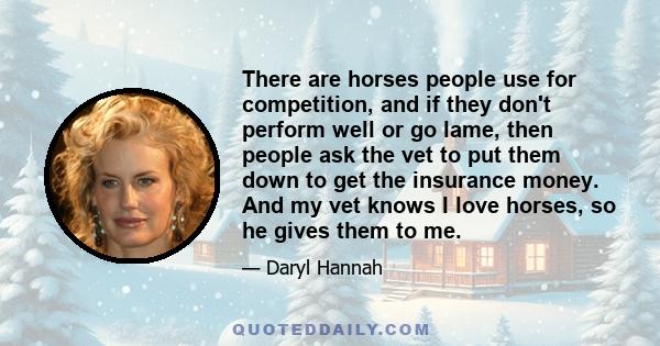 There are horses people use for competition, and if they don't perform well or go lame, then people ask the vet to put them down to get the insurance money. And my vet knows I love horses, so he gives them to me.