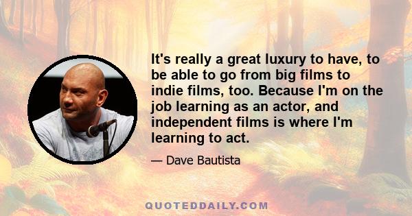 It's really a great luxury to have, to be able to go from big films to indie films, too. Because I'm on the job learning as an actor, and independent films is where I'm learning to act.