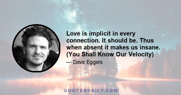 Love is implicit in every connection. It should be. Thus when absent it makes us insane. (You Shall Know Our Velocity)