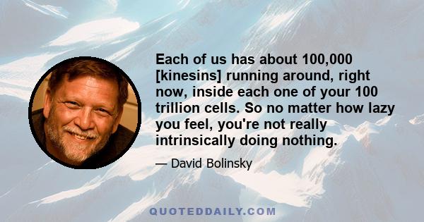 Each of us has about 100,000 [kinesins] running around, right now, inside each one of your 100 trillion cells. So no matter how lazy you feel, you're not really intrinsically doing nothing.