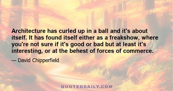 Architecture has curled up in a ball and it's about itself. It has found itself either as a freakshow, where you're not sure if it's good or bad but at least it's interesting, or at the behest of forces of commerce.